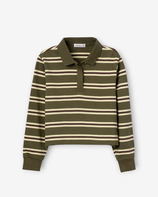 γυναικεία TIFFOSI χακί ριγέ μπλούζα polo cropped polo γιακάς rib μανσέτες flat όψη