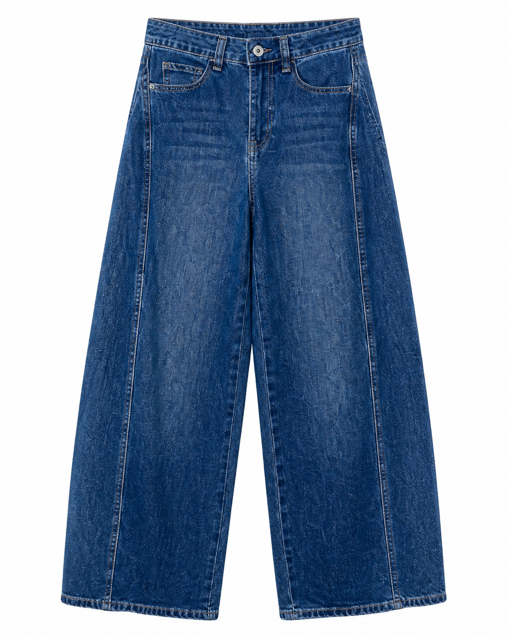 Γυναικείο μπλε baggy τζιν με ραφή μπροστά, άνετη baggy γραμμή, flat lay μπροστά
