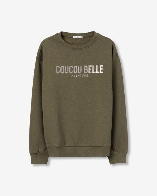 γυναικείο TIFFOSI φούτερ loose fit πράσινο στάμπα "Coucou Belle" rib τελειώματα — μπροστά