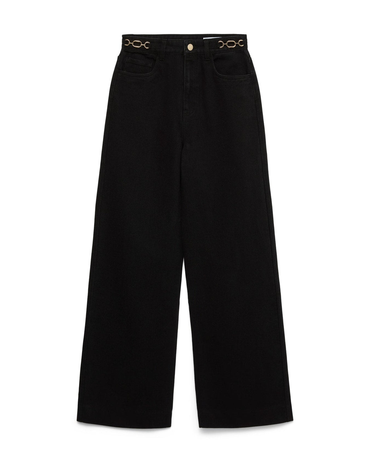 Γυναικείο wide fit τζιν VERO MODA μαύρο KATHY με χρυσές αλυσίδες στη μέση, flat lay μπροστά