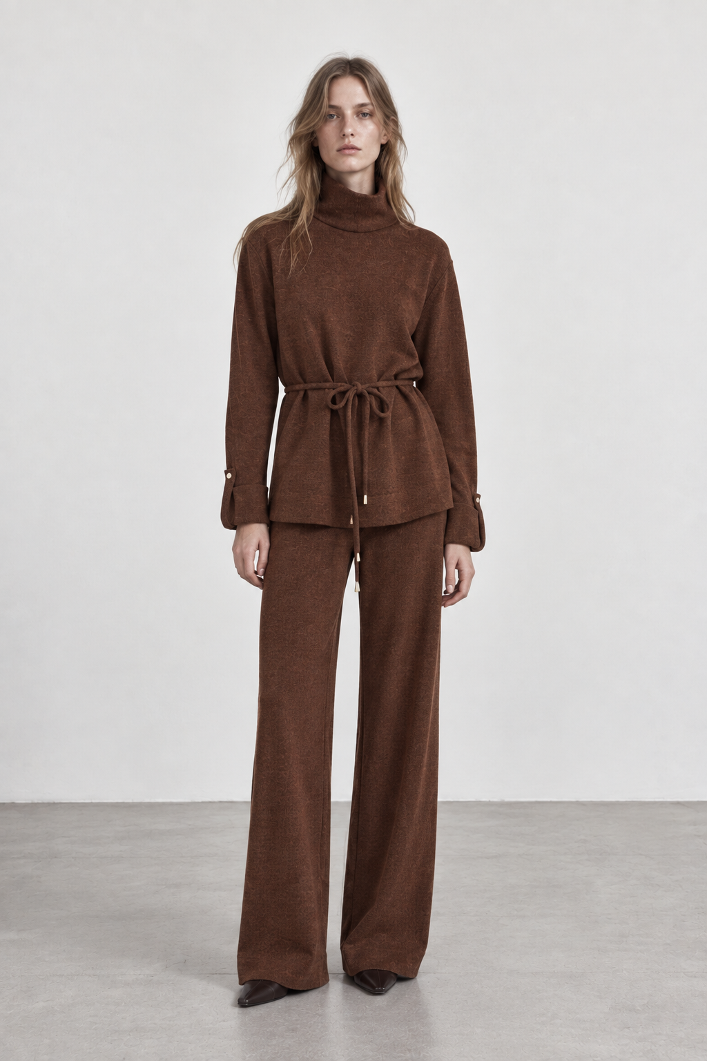 γυναικεία TIFFOSI καφέ παντελόνι ψηλόμεσο wide leg με matching μπλούζα σετ
