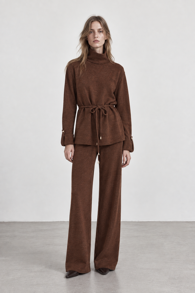 γυναικεία TIFFOSI καφέ παντελόνι ψηλόμεσο wide leg με matching μπλούζα σετ
