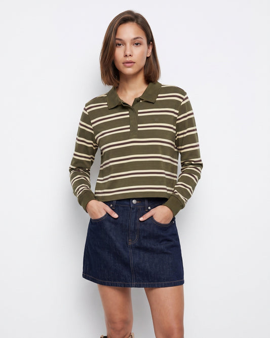 γυναικεία TIFFOSI χακί ριγέ μπλούζα polo cropped μπεζ ρίγες polo γιακάς μπροστινή όψη
