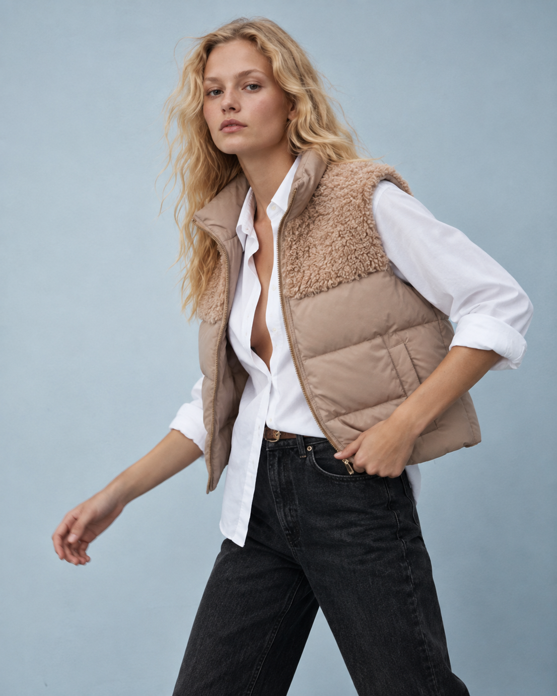 γυναικείο TIFFOSI μπεζ puffer γιλέκο teddy λεπτομέρεια κοντινή πλαϊνή όψη μοντέλου
