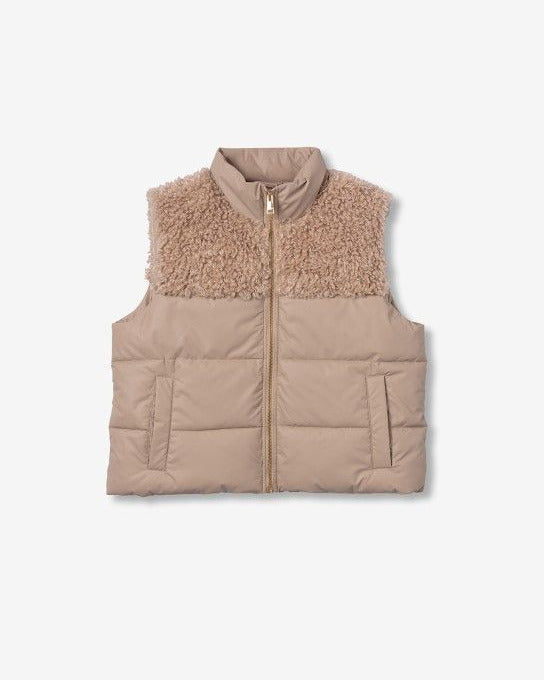 γυναικείο TIFFOSI μπεζ puffer γιλέκο teddy λεπτομέρεια όρθιος γιακάς φερμουάρ flat όψη

