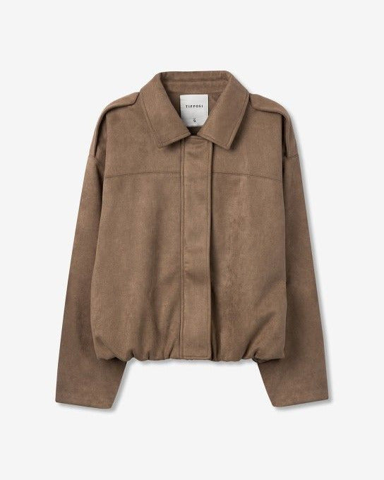 γυναικεία TIFFOSI καφέ μπουφάν τύπου suede loose fit κρυφό κλείσιμο flat όψη
