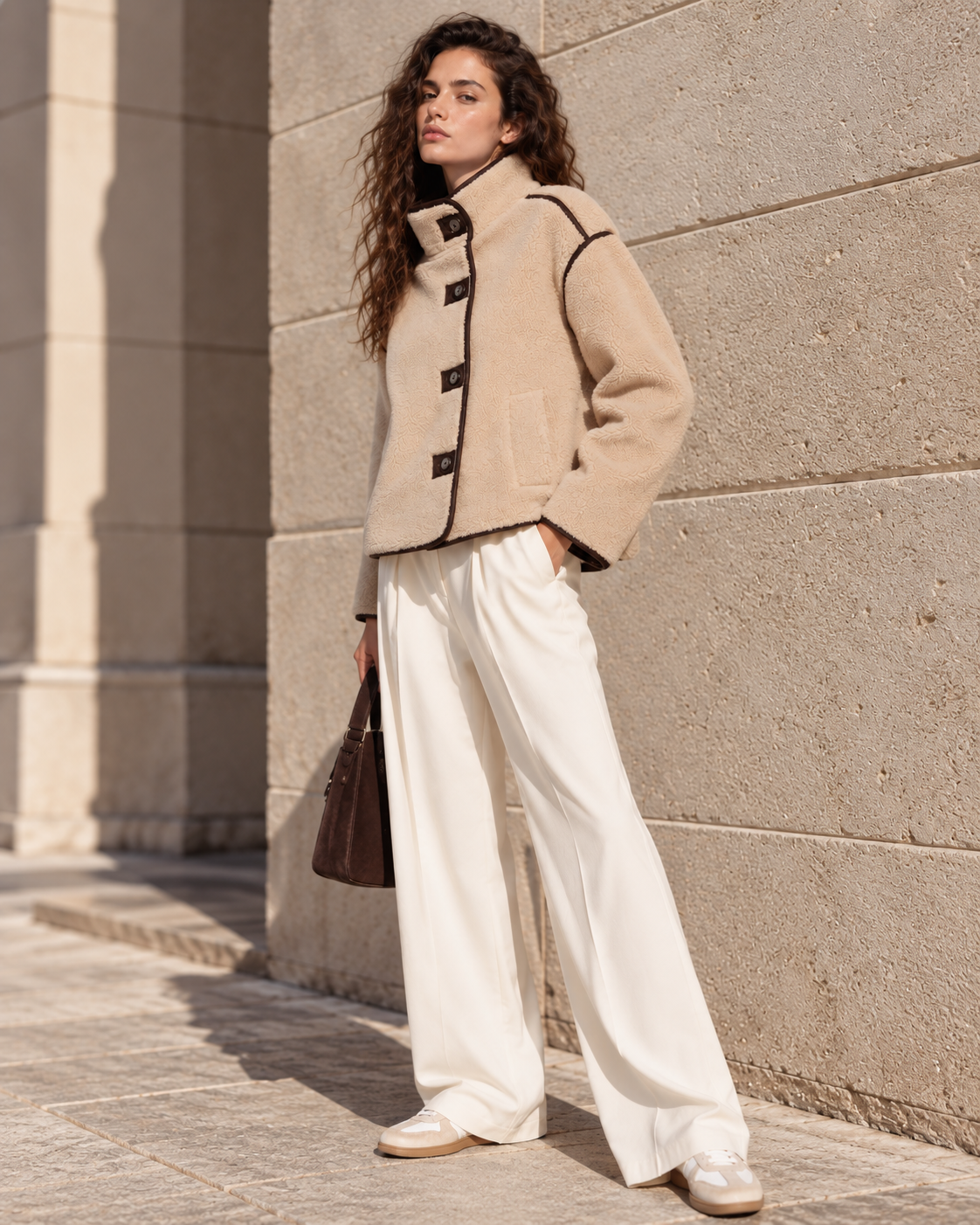 γυναικείο TIFFOSI μπεζ teddy jacket καφέ λεπτομέρειες δερματίνης ολόσωμη editorial όψη μοντέλου
