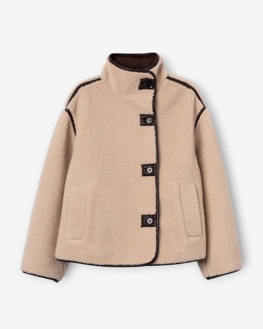 γυναικείο TIFFOSI μπεζ teddy jacket καφέ λεπτομέρειες δερματίνης κουμπιά όρθιος γιακάς flat όψη
