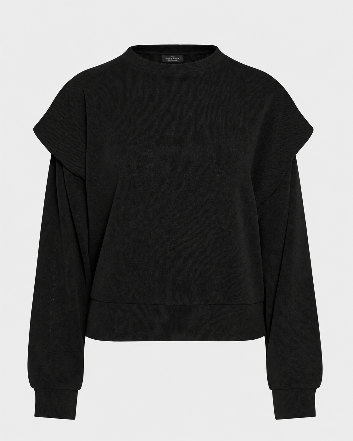 γυναικεία FUNKY BUDDHA μαύρο ribbed φούτερ flat lay ιδιαίτερη σχεδίαση ώμων rib τελείωμα καρπών και βάσης
