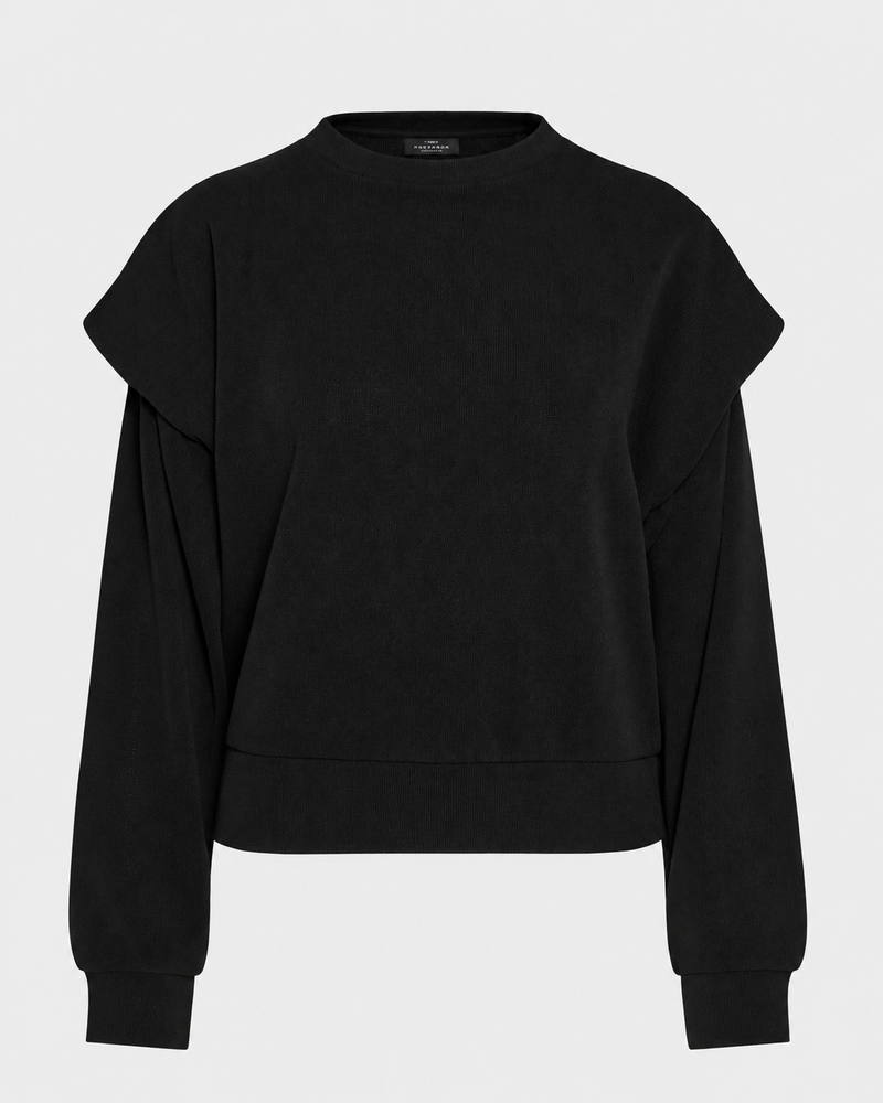 γυναικεία FUNKY BUDDHA μαύρο ribbed φούτερ flat lay ιδιαίτερη σχεδίαση ώμων rib τελείωμα καρπών και βάσης
