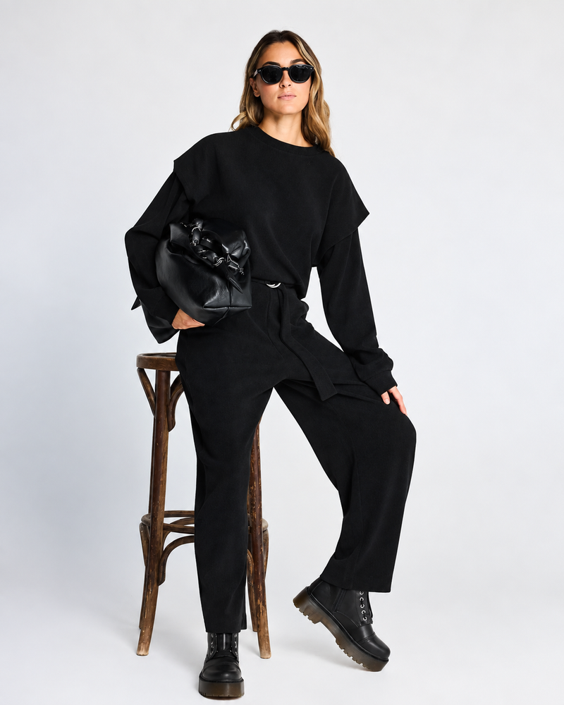 γυναικεία FUNKY BUDDHA μαύρο κοτλέ παντελόνι jogger wide leg με matching ribbed φούτερ casual σύνολο
