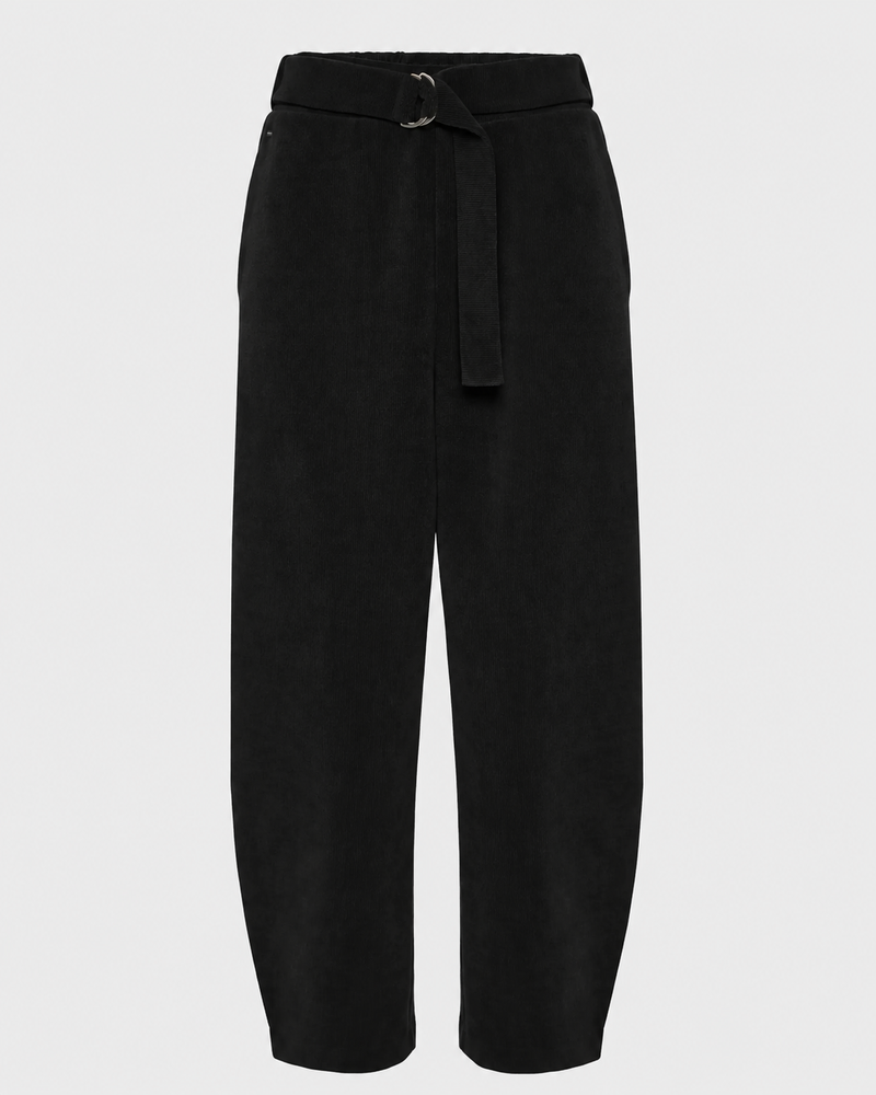 γυναικεία FUNKY BUDDHA μαύρο κοτλέ παντελόνι jogger wide leg balloon fit ζώνη flat lay μπροστά
