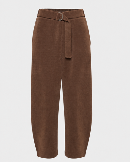 γυναικεία FUNKY BUDDHA καφέ κοτλέ παντελόνι jogger wide leg balloon fit ζώνη flat lay μπροστά
