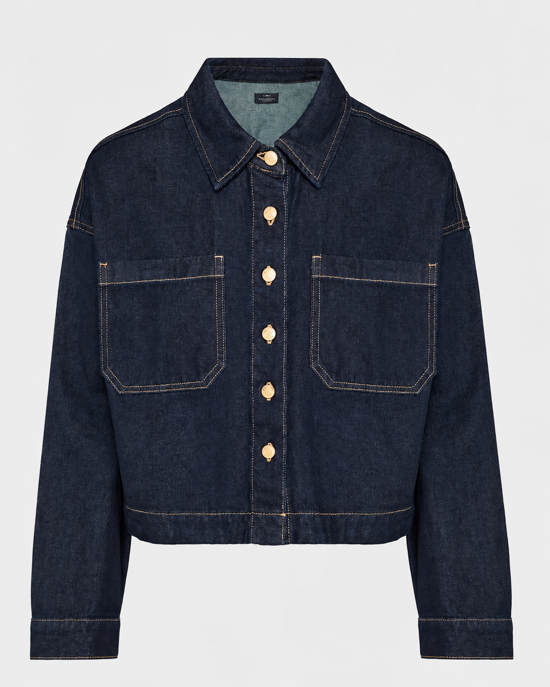 γυναικεία FUNKY BUDDHA σκούρο μπλε cropped denim overshirt oversized flat lay κλασικός γιακάς τσέπες στήθος μεταλλικά κουμπιά
