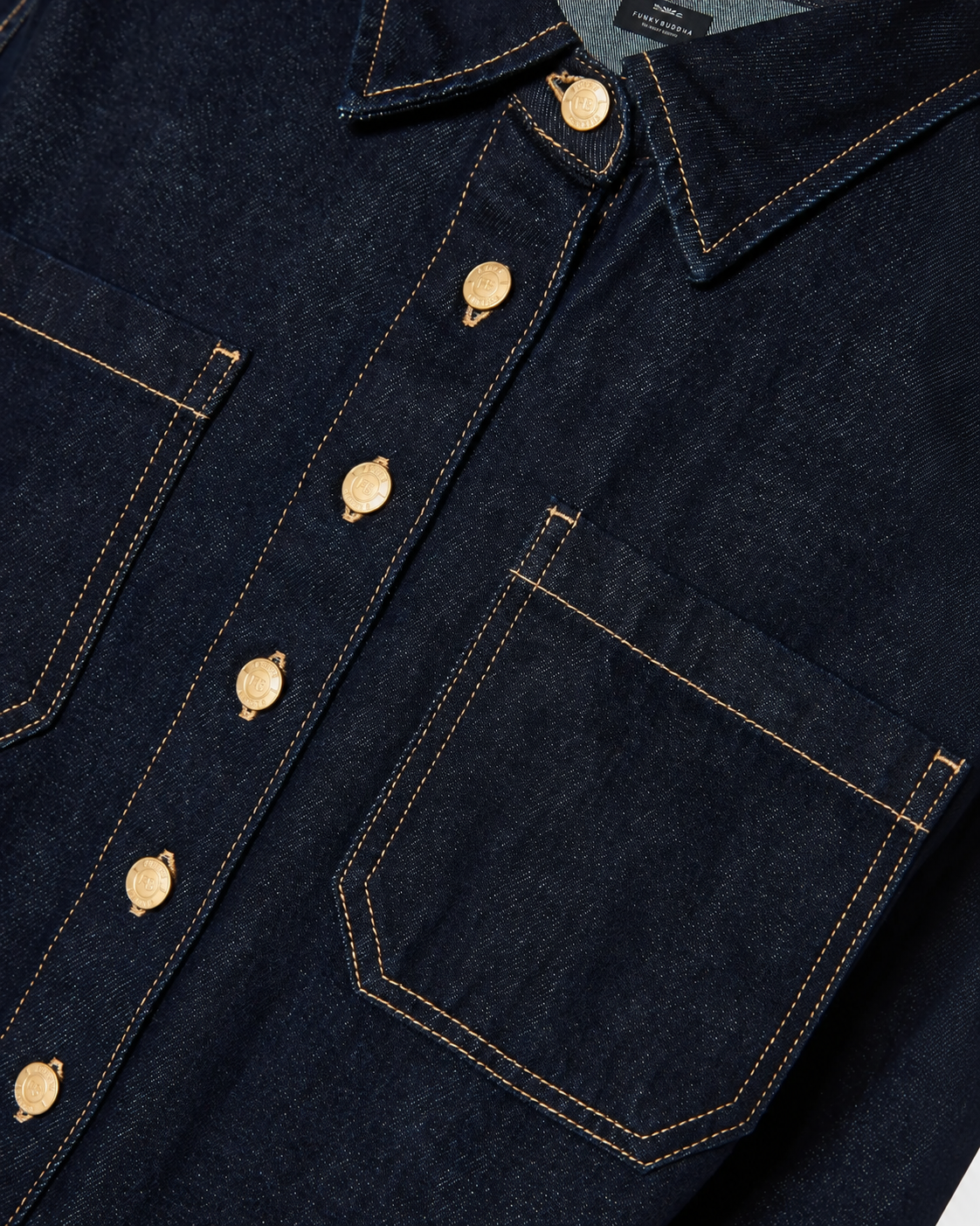 γυναικεία FUNKY BUDDHA σκούρο μπλε cropped denim overshirt κοντινό γιακάς μεταλλικά κουμπιά εμφανείς ραφές τσέπη
