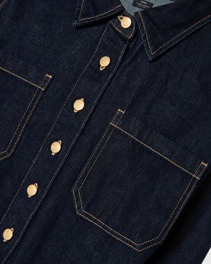 γυναικεία FUNKY BUDDHA σκούρο μπλε cropped denim overshirt κοντινό γιακάς μεταλλικά κουμπιά εμφανείς ραφές τσέπη
