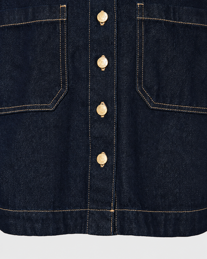 γυναικεία FUNKY BUDDHA σκούρο μπλε cropped denim overshirt κοντινό μεταλλικά κουμπιά εμφανείς ραφές τσέπες στήθος

