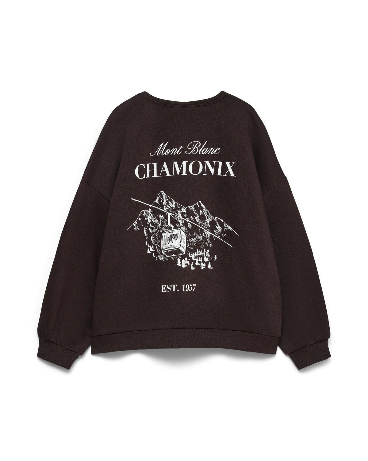 γυναικείο VERO MODA σκούρο καφέ oversized φούτερ Mont Blanc Chamonix graphic βουνά τελεφερίκ flat πίσω όψη

