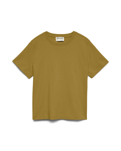 Γυναικείο basic t-shirt AWARE by Vero Moda μουσταρδί 100% οργανικό βαμβάκι, flat lay
