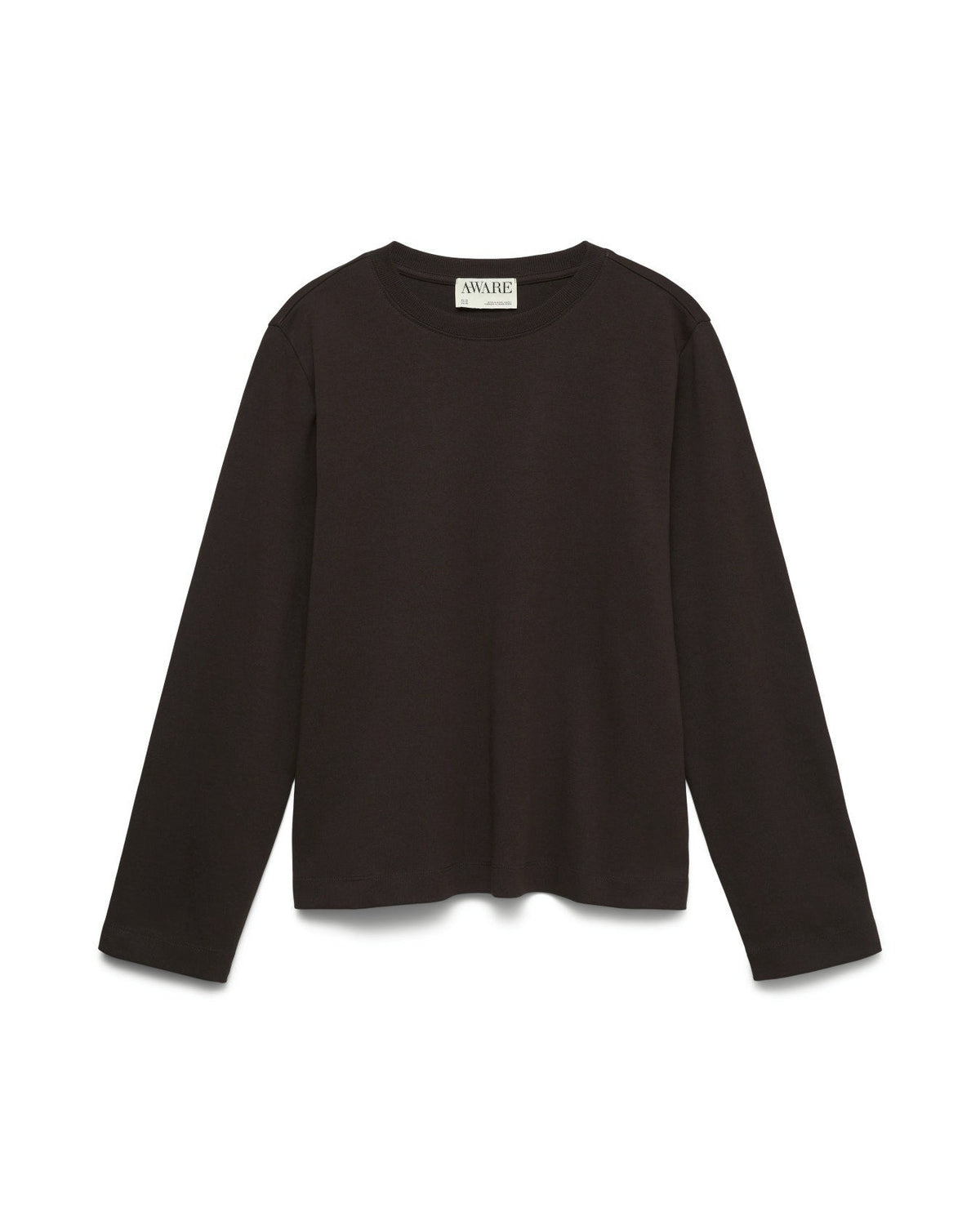 Basic μακρυμάνικο t-shirt AWARE by Vero Moda σκούρο καφέ 100% οργανικό βαμβάκι, flat lay

