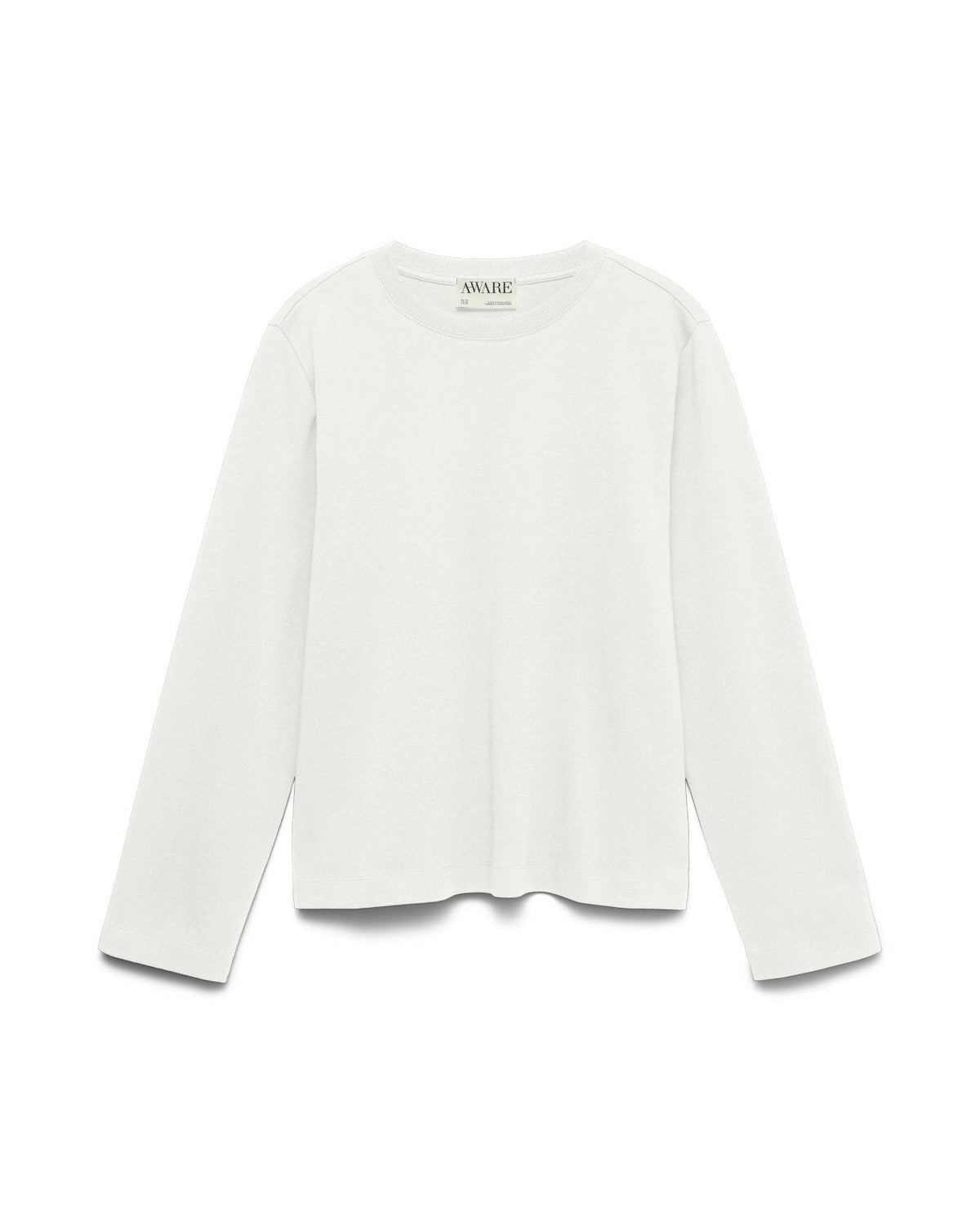 Basic μακρυμάνικο t-shirt AWARE by Vero Moda λευκό 100% οργανικό βαμβάκι, flat lay
