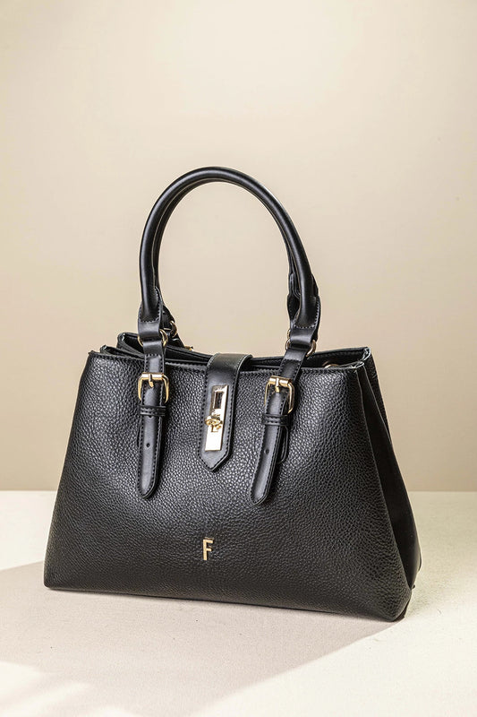 γυναικεία FRAGOLA BAGS τσάντα χειρός μαύρη 3 διαμερίσματα χρυσές αγκράφες φερμουάρ ρυθμιζόμενο λουράκι — μπροστά
