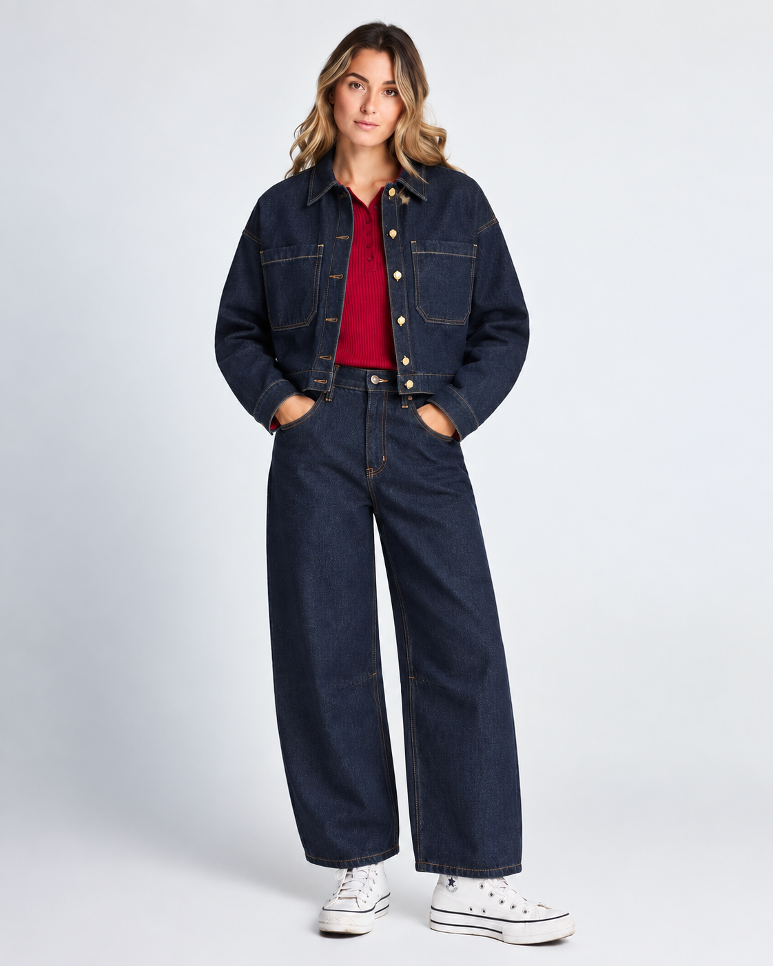 γυναικεία FUNKY BUDDHA σκούρο μπλε cropped denim overshirt με matching denim παντελόνι total denim look ολόσωμη εμφάνιση
