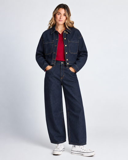γυναικεία FUNKY BUDDHA σκούρο μπλε cropped denim overshirt με matching denim παντελόνι total denim look ολόσωμη εμφάνιση
