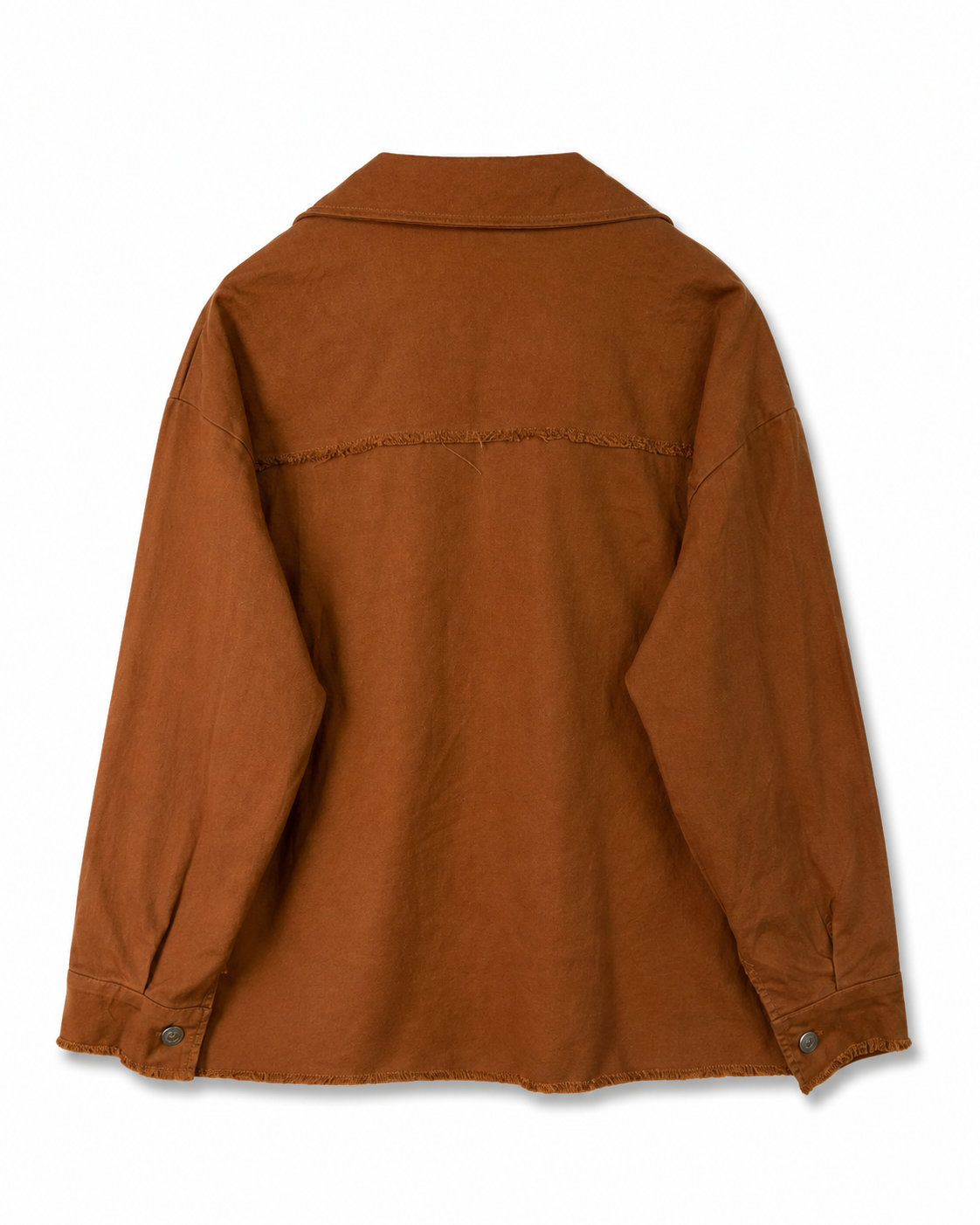 Γυναικείο κεραμιδί jacket πουκάμισο με ξέφτια στο τελείωμα, flat lay πίσω όψη
