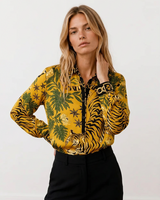 Μακρύ Πουκάμισο Animal & Floral Print σε Μουσταρδί