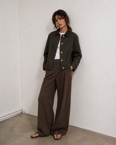 Γυναικείο κοντό μπουφάν Vero Moda σκούρο πράσινο με wide leg καφέ παντελόνα, ολόσωμη εμφάνιση
