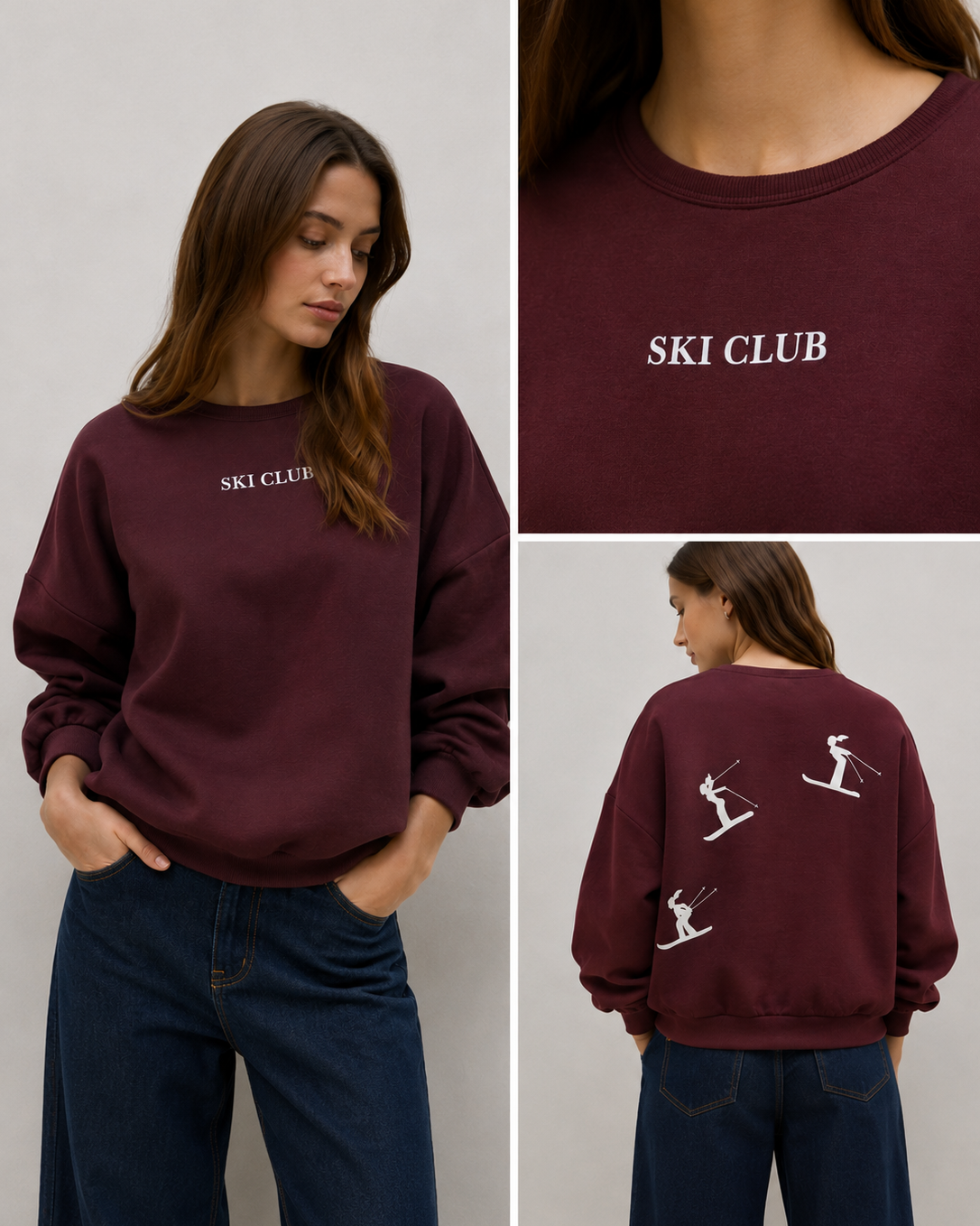 γυναικείο VERO MODA μπορντό oversized φούτερ Ski Club collage μπροστινή detail και πίσω όψη
