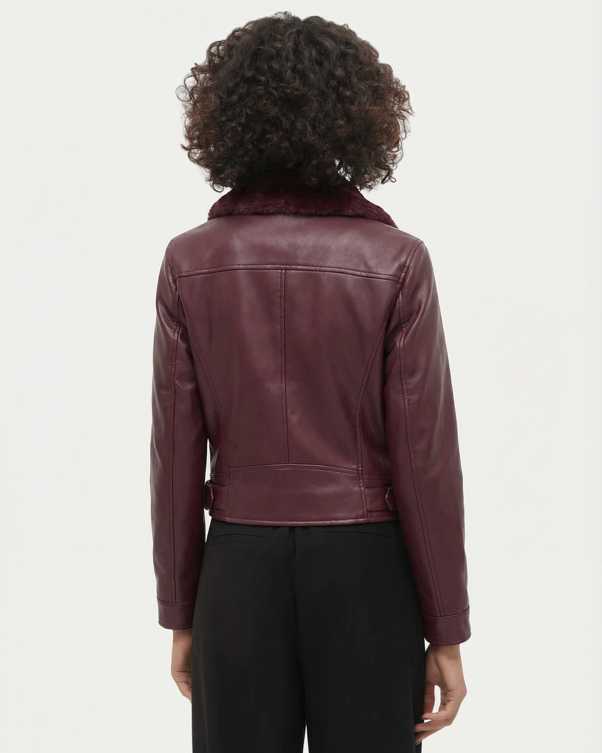 VERO MODA Biker Jacket Οικολογικό Δέρμα Γιακάς Faux Fur Βουργουνδί λεπτομέρεια εφαρμογής πίσω όψη
