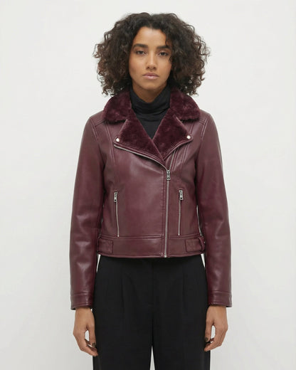 VERO MODA Biker Jacket Οικολογικό Δέρμα Γιακάς Faux Fur Βουργουνδί λεπτομέρεια εφαρμογής μπροστινή όψη