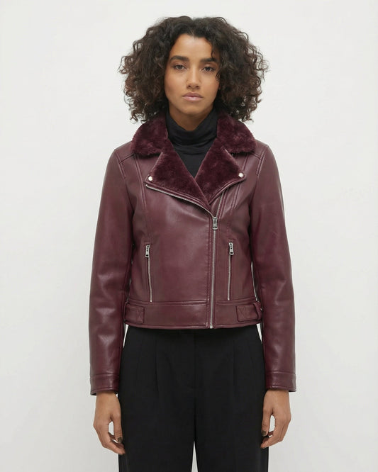 VERO MODA Biker Jacket Οικολογικό Δέρμα Γιακάς Faux Fur Βουργουνδί λεπτομέρεια εφαρμογής μπροστινή όψη