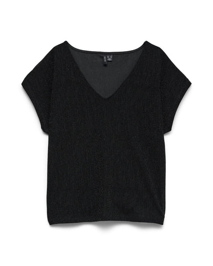 γυναικεία VERO MODA μπλούζα μαύρη glitter V-λαιμόκοψη κανονική γραμμή — μπροστά

