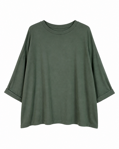 Γυναικεία χακί oversized μπλούζα με στρογγυλή λαιμόκοψη και φαρδιά μανίκια, flat lay

